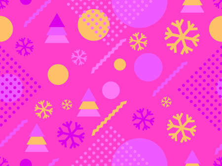 Christmas seamless pattern with geometric shapes in the style of the 80s. Christmas balls and trees with triangles, snowflakes for brochures, banners and wrapping paper. Vector illustrationのイラスト素材