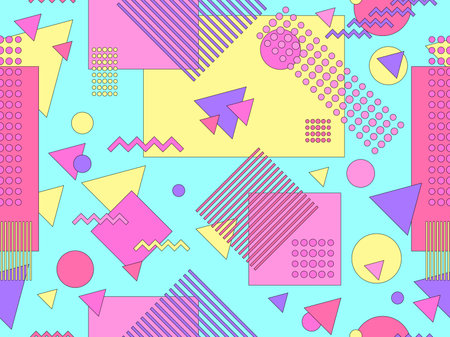 Geometric seamless pattern in 80s memphis style. Geometric shapes with black strokes. Design of...