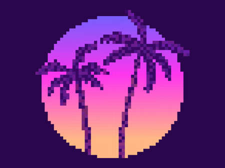 Pixel art palm trees at sunset in 80s style. 8-bit sun synthwave and retrowave. Retro 8-bit video game. Design for printing, wrapping paper and advertising. Vector illustrationのイラスト素材