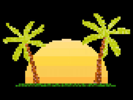 Pixel art palm trees at sunrise in 80s style. 8-bit sun synthwave and retrowave. Retro 8-bit video game. Design for printing, wrapping paper and advertising. Vector illustrationのイラスト素材