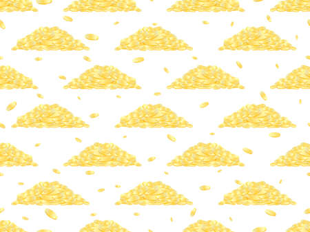 Mountain of gold coins on white background seamless pattern. Flying gold coins, a lot of money. Background for wrapping paper, advertising materials and fabric. vector illustrationのイラスト素材
