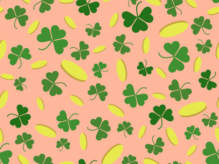 Clover leaves with gold coins seamless pattern. St. Patrick's Day, Irish holiday. Festive background for advertising products, wrapping paper and greeting card. vector illustrationのイラスト素材