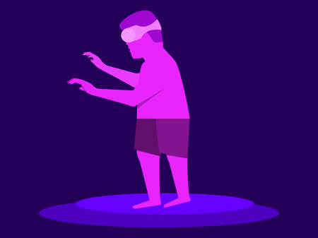 A man in shorts and virtual reality glasses. Remote work from home using VR headset, business in the metaverse. Hand control of virtual reality. Pink and purple colors. vector illustrationのイラスト素材