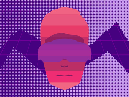 Face in virtual reality glasses. Human face in VR headset. Virtual reality glasses to access the...