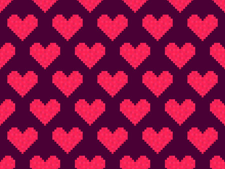 Pixel art hearts seamless pattern. 8-bit red hearts. Retro 8-bit video game. Design for print,...