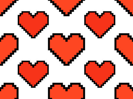 Pixel art hearts seamless pattern. 8-bit red hearts with black stroke on white background. Retro 8-bit video game. Design for print, wrapping paper and advertising. vector illustrationのイラスト素材