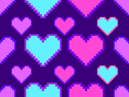 Pixel art hearts seamless pattern. 8-bit hearts with stroke. Retro 8-bit video game. Design for print, wrapping paper and advertising. vector illustrationのイラスト素材