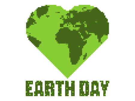 Earth day in pixel art style. Planet earth in the shape of a heart isolated on a white background. World Earth Day retro 8-bit graphics. Design for greeting card and banner. vector illustrationのイラスト素材