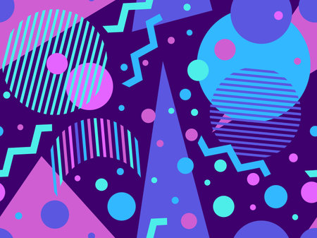 Memphis seamless pattern with geometric shapes in 80s and 90s style. Geometric shapes of different...