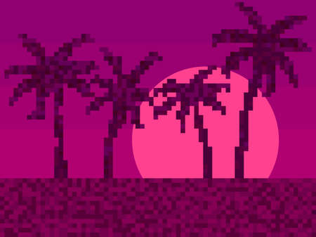 Pixelated palm trees at sunset in 80s style. 8-bit red sunset with palm trees in synthwave and retrowave style. Retro 8-bit video game. Design for printing, posters and advertising. vector illustrationのイラスト素材
