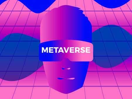 Face in virtual reality glasses in the style of the 80s. Human face in VR headset. Virtual reality glasses to access the metaverse. Synthwave and retrowave style. vector illustrationのイラスト素材