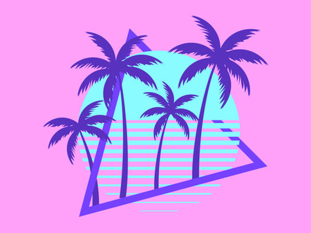 80s retro sci-fi palm trees on a sunset. Retro futuristic sun with palm trees. summertime. Synthwave...