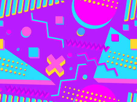 Seamless pattern with 3d geometric shapes in the style of the 80s. Background with colorful...
