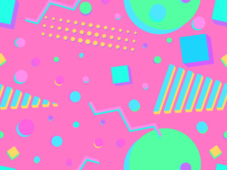 Seamless pattern with 3d geometric shapes in the style of the 80s. Background with colorful...