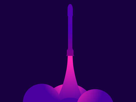 Rocket launch into space. Taking off space rocket. Pink and blue and purple gradient. Design for banners, posters and promotional items. Space tourism, modern trend. vector illustrationのイラスト素材