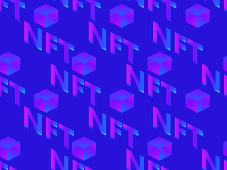 NFT token isometric text with cube seamless pattern. NFT non-fungible token. Digital art in blockchain technology. Design for banners and promotional items. vector illustrationのイラスト素材