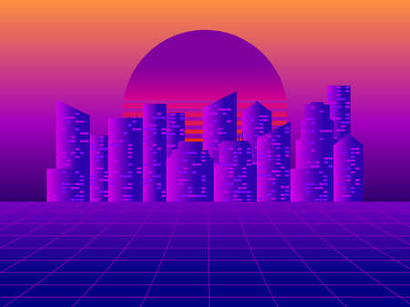 Sci-Fi city with retro sunset 80s. Cityscape with virtual reality grid. City with skyscrapers in the metaverse. Synth wave style. Design for banners and advertising products. vector illustrationのイラスト素材