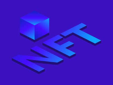 NFT text with cube gradient blue color. NFT non-fungible token. Digital art in blockchain...