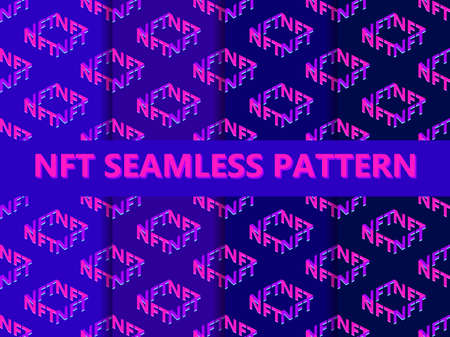NFT token isometric text with cube set of seamless pattern. NFT non-fungible token. Digital art in blockchain technology. Design for banners and promotional items. vector illustrationのイラスト素材