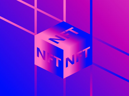 NFT token cube with blue and purple color gradient. Non fungible NFT token. isometric cube. Digital...