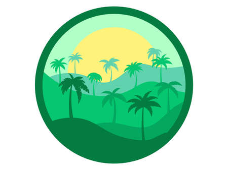 Tropical landscape with palm trees in green colors. Silhouettes of palm trees on the hills. summertime. Design for emblems, stickers, advertising booklets, banners and posters. vector illustrationのイラスト素材