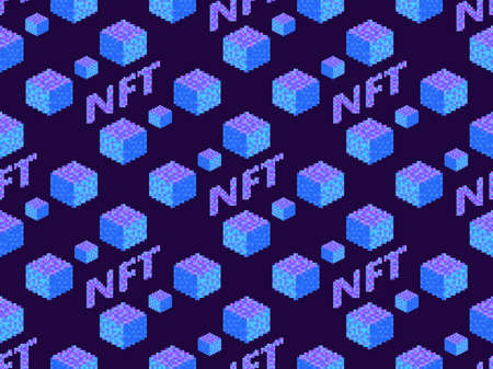 NFT token pixel art isometric text with cube seamless pattern. NFT non-fungible token. Digital art in blockchain technology. Design for banners and promotional items. vector illustrationのイラスト素材