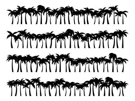 Set of landscapes with black silhouettes of palm trees on a white background. Skyline with tropical palm trees in a line. Design for travel banner, poster and promotional items. vector illustrationのイラスト素材