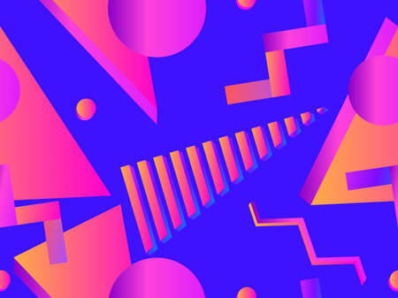 Seamless pattern with 3d geometric shapes in the style of the 80s. Background with colorful gradient...