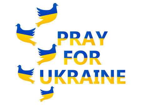 Pray for Ukraine. stop the war. Pigeons and text with Ukraine flag isolated on white background. Doves of peace. Design for posters and banners against war. vector illustrationのイラスト素材