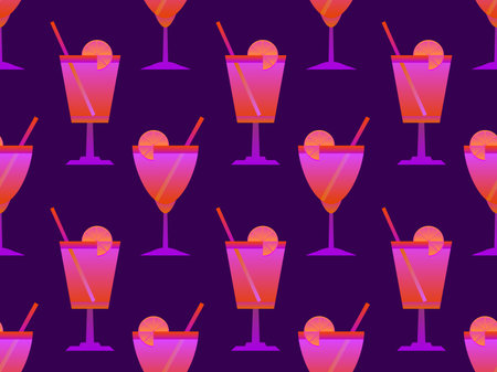 Cocktail with umbrellas 80s style seamless pattern. Alcoholic cocktails with umbrellas and lime slice. Design for bar menus, advertising materials and banners. vector illustrationのイラスト素材