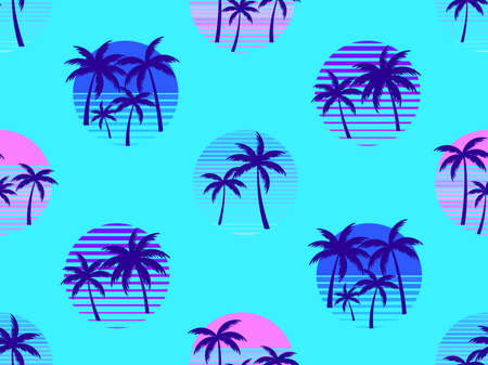 Retro sun with palm trees 80s style seamless pattern. Palm trees at sunset. Design colorful tropical pattern for banner, poster and promotional item. vector illustrationのイラスト素材