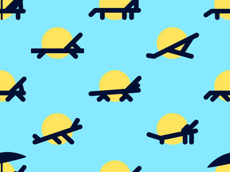 Deck chair seamless pattern. Summer holidays, sunbathing. Chaise lounge with sun. Design for banners, posters and beach advertising. vector illustrationのイラスト素材