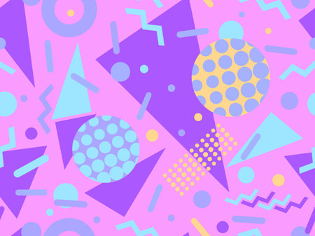 Memphis seamless pattern with geometric shapes in 80s style. Colorful geometric pattern. Design of...