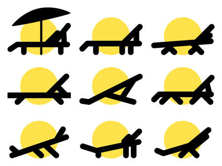 Deck chair icons set isolated on white background. Summer holidays, sunbathing. Chaise lounge with sun. Icon design for banners, posters and beach advertising. vector illustrationのイラスト素材