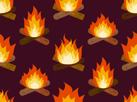 Burning bonfire seamless pattern. Burning firewood and flames in flat style. Design for print,...
