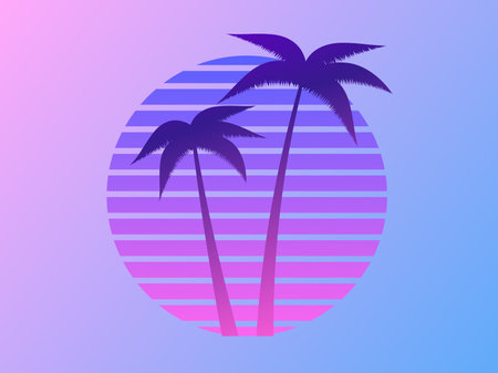 Two palm trees on a sunset 80s retro sci-fi style. summertime. Futuristic sun retro wave. Design for...