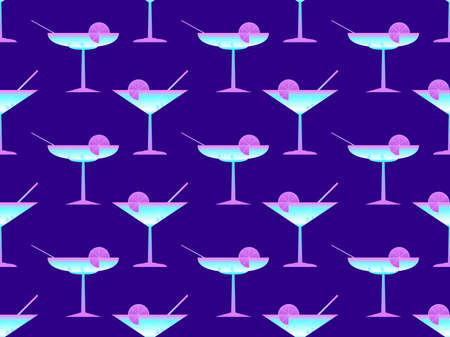 Cocktail with umbrellas 80s style seamless pattern. Alcoholic cocktails with umbrellas and lime slice. Design for bar menus, advertising materials and banners. vector illustrationのイラスト素材