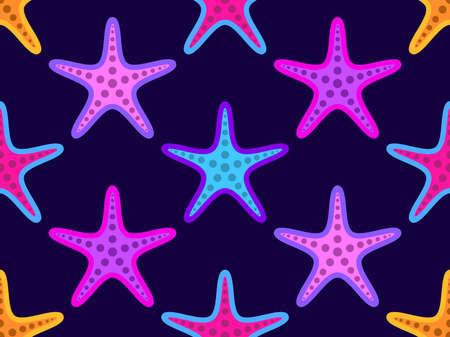 Colorful starfish seamless pattern violet background. Starfish silhouettes in cartoon style. For promotional products, wrapping paper and printing. vector illustrationのイラスト素材