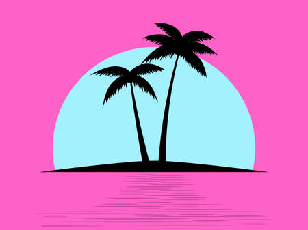 Contours of palm trees at sunset in the style of the 80s. Palm trees and blue sun on a pink background. Design for printing advertising banners and posters. vector illustrationのイラスト素材
