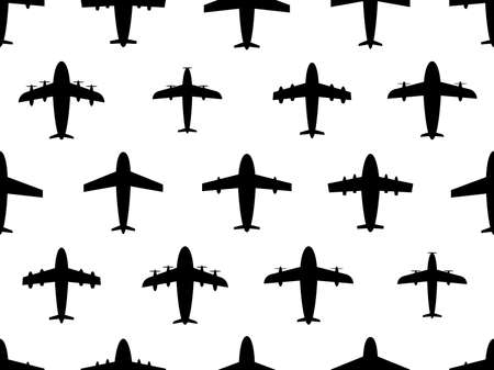 Black aircraft silhouettes seamless pattern. Aircraft with turbines and propellers. Aircraft design for posters, banners and promotional items. vector illustrationのイラスト素材