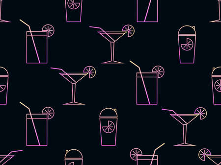 Seamless pattern with cocktail icon in line art style. Alcoholic cocktails with a straw, gradient colors. Multi-colored cocktails design for printing, banner and promotional item. vector illustrationのイラスト素材