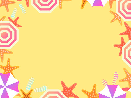 Beach frame, top view. Beach umbrellas and flip flops with starfish on the sand in flat style....