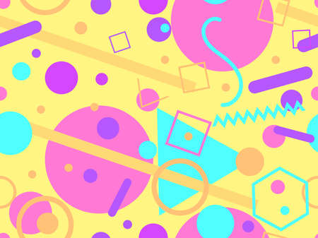 80s seamless pattern with geometric shapes in memphis style. Circles and triangles. Colorful abstract background for printing on promotional items, banners and wrapping paper. Vector illustrationのイラスト素材
