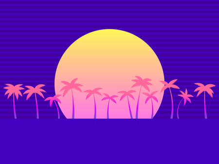Tropical sunset with palms and gradient sun in 80s style. Design for advertising brochures, banners, posters, travel agencies. vector illustrationのイラスト素材
