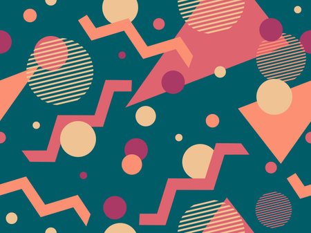 Geometric seamless pattern in 80s style. Background with colorful geometric shapes in memphis style....