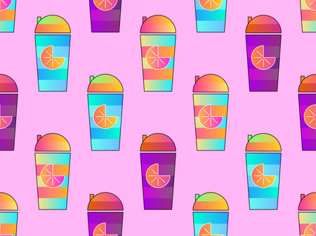 Fruit smoothie seamless pattern. Shaker with orange juice. Drink for a healthy lifestyle. Design for...