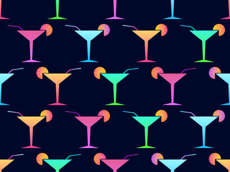 Cocktail with umbrellas 80s style seamless pattern. Alcoholic cocktails with umbrellas and lime slice. Design for bar menus, advertising materials and banners. vector illustrationのイラスト素材