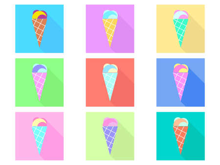 Ice cream in a waffle cone icon set. Ice cream in a flat style and different colors. Design for banners, promotional products and wrapping paper. vector illustrationのイラスト素材