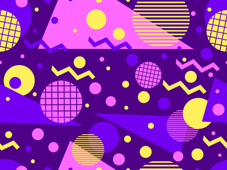 Memphis seamless pattern with geometric shapes in 80s style. Colorful geometric pattern. Design of...