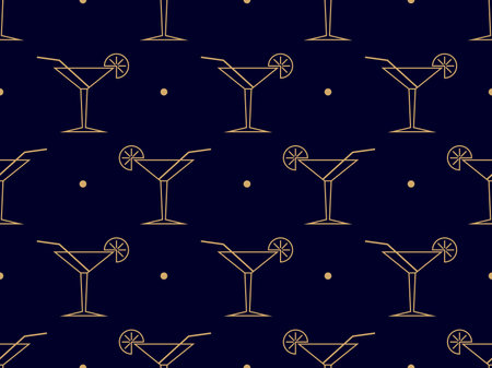 Art deco cocktail seamless pattern. Glass of martini with straws and orange slices of the 1920s - 1930s. Design of bar menus, advertising materials and invitations. vector illustrationのイラスト素材